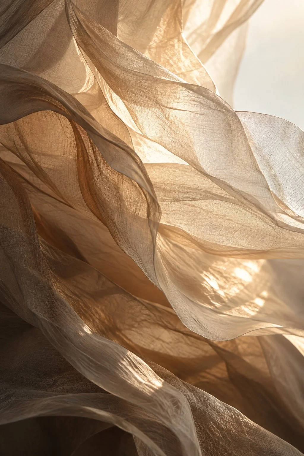 Close-up photo of sheer, flowing fabric with sunlight shining through, creating a warm and soft appearance.