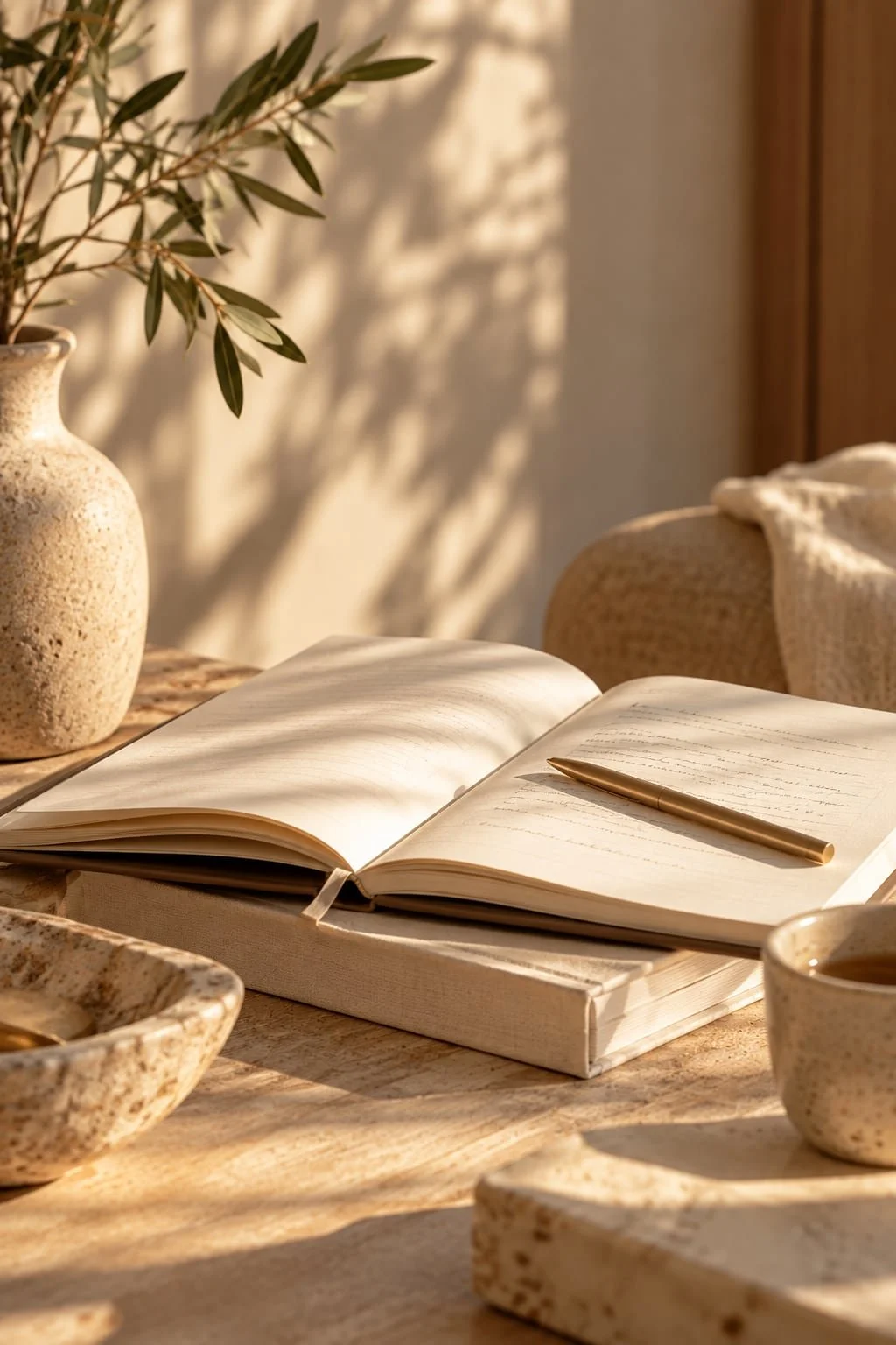 An open notebook with a gold pen resting on it, placed on a white book cover. In the background, a beige textured vase holds greenery with long leaves. Sunlight casts shadows on the wall behind. The setting appears cozy and warm, with ceramic bowls and cups on a wooden table.