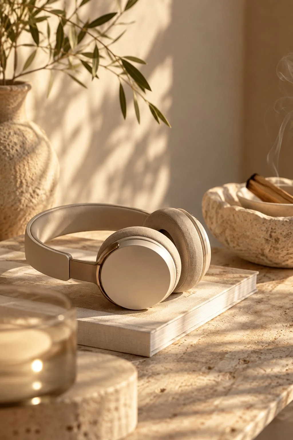 Beige headphones resting on a book on a marble surface, with a ceramic vase and a bowl with incense in the background, illuminated by warm sunlight.