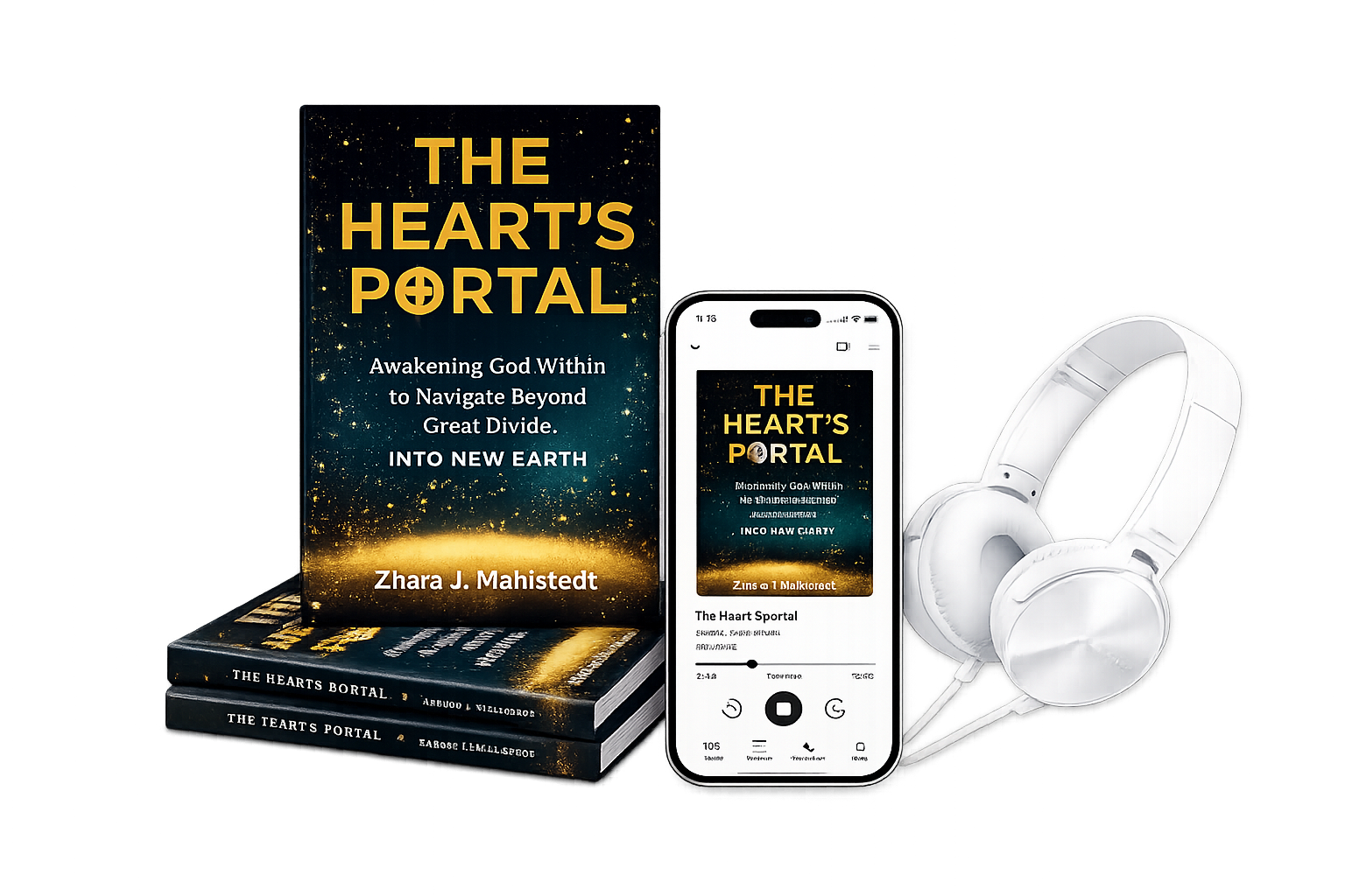 Multiple copies of a book titled "The Heart's Portal" by Zhara J. Mahistedt, a smartphone displaying the same book cover with a music player app open, and a pair of white headphones, all set against a black background.