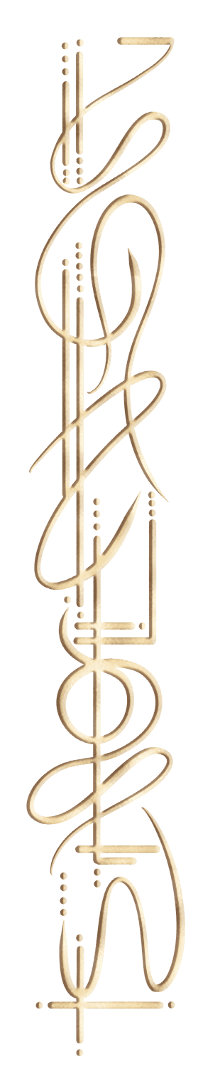 Stylized, decorative music notes and symbols arranged vertically on a black background.