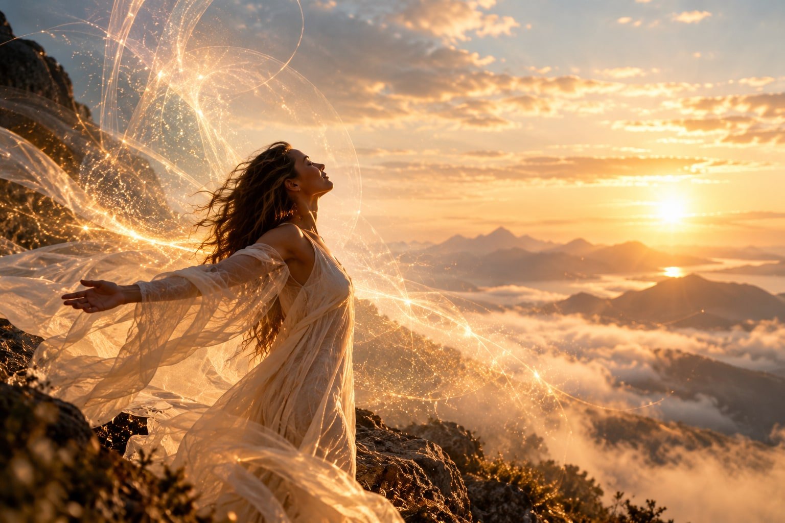 A woman with flowing hair stands on a mountain at sunrise, with arms outstretched and glowing, ethereal wings behind her, overlooking a sea of clouds and mountains.