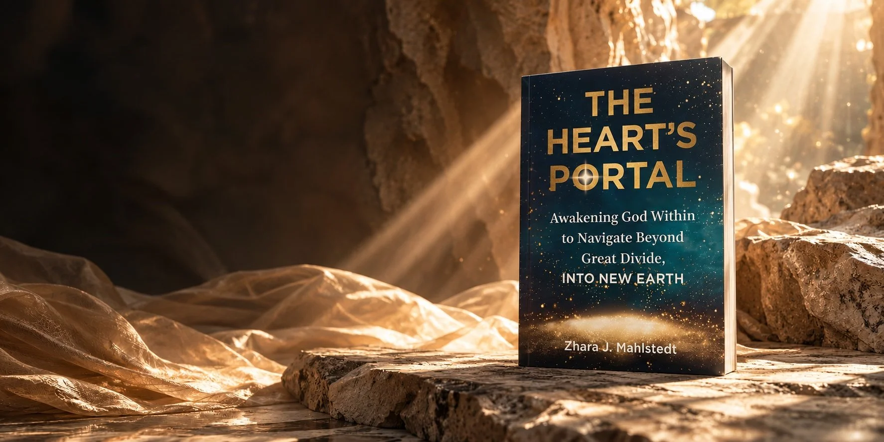 A book titled "The Heart's Portal" by Zhara J. Mahlstedt stands upright on a stone surface. The cover features a cosmic design with stars and a glowing effect, with sunlight streaming in from the upper right corner. Text on the cover reads: "Awakening God Within to Navigate Beyond Great Divide, INTO NEW EARTH." Rocks and a cave-like background with sunlight filtering in surround the book.