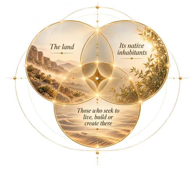 Venn diagram with three overlapping circles depicting land, native inhabitants, and those who seek to live, build, or create there, with a mountain landscape, trees, and water in the background.