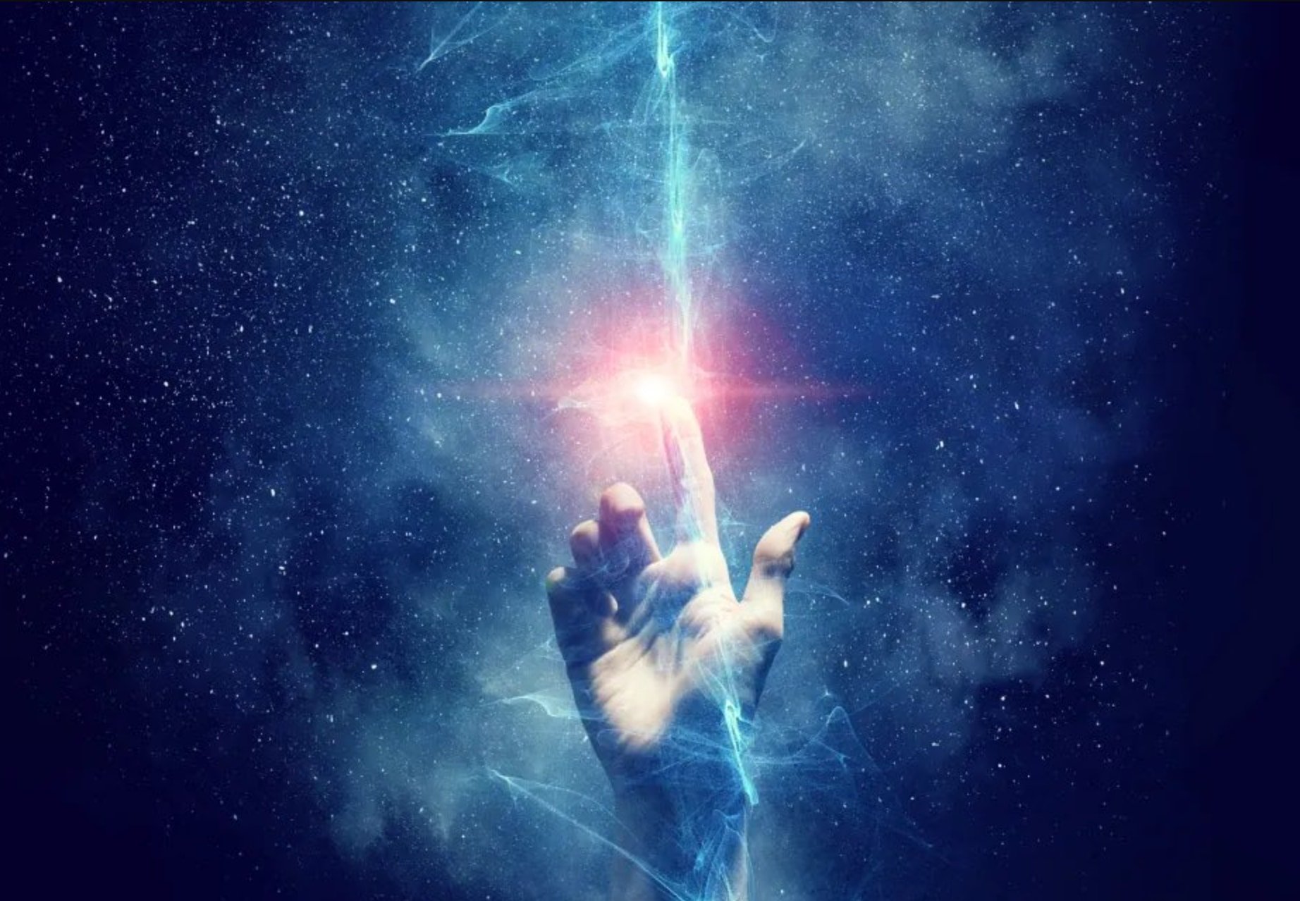 A person touching a glowing, colorful, digital-looking vertical line in space, surrounded by stars and nebulae.