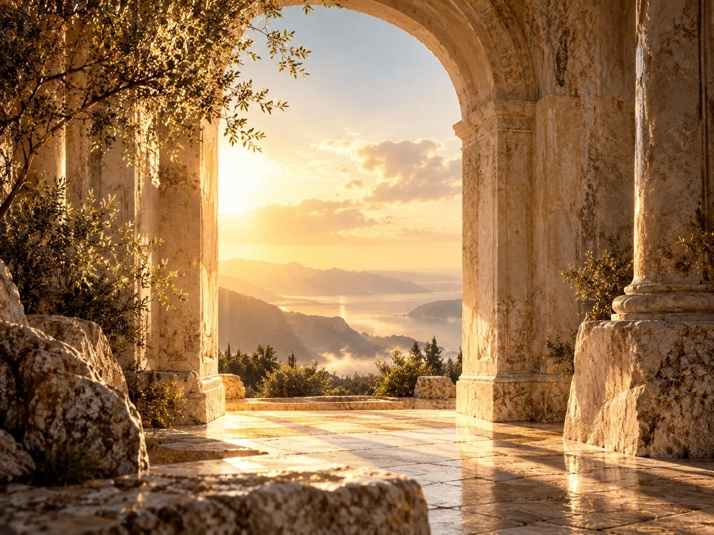 Sunset view through an ancient stone archway overlooking a valley and water, with trees and mountains in the distance.