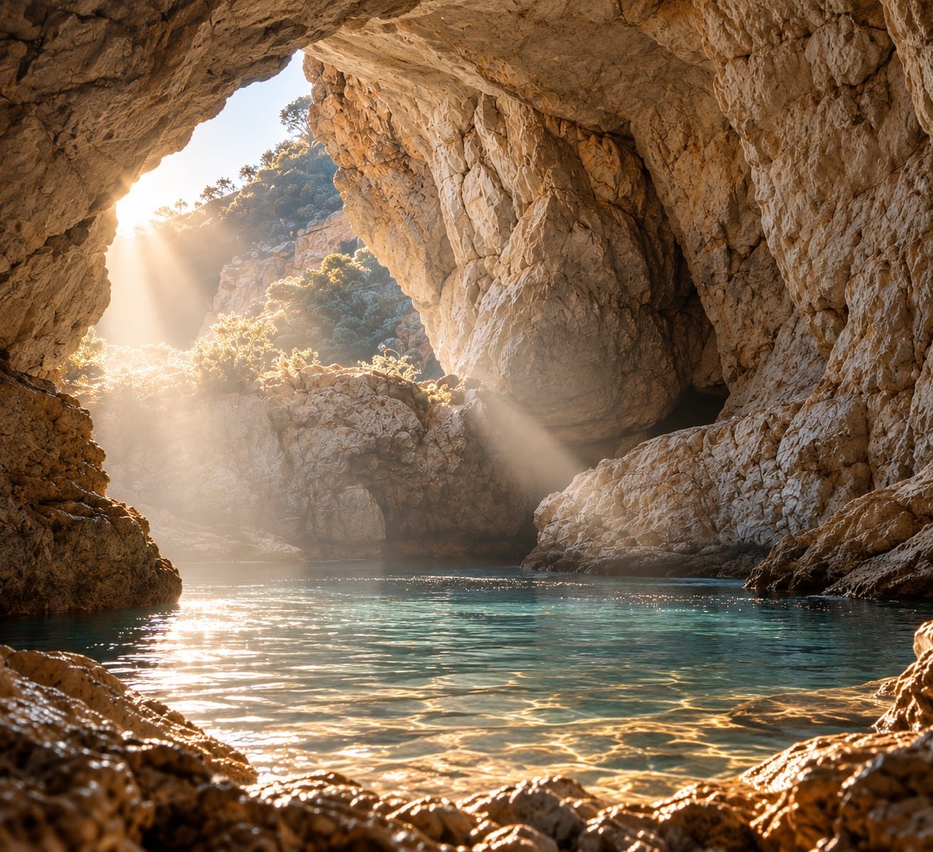A serene sea cave with sunlight streaming through the opening, illuminating the clear water and rugged rock formations inside.