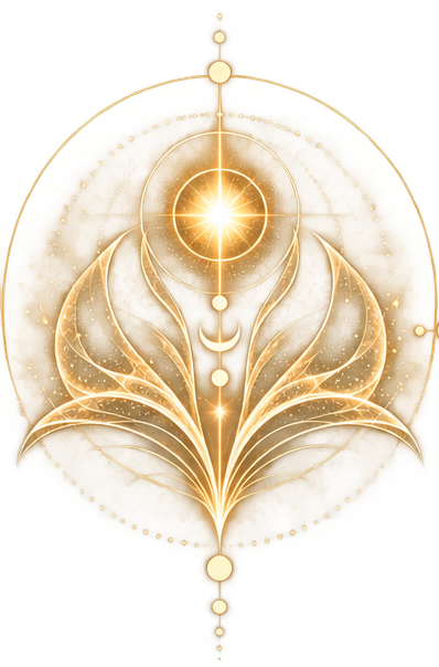 A glowing, symmetrical mystical design featuring a central radiant light, crescent moons, and intricate swirling patterns, resembling spiritual or cosmic symbolism.