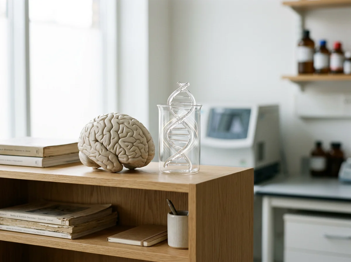 A model of a human brain, a DNA double helix sculpture in a glass container, and medical books on a wooden shelf in a laboratory or medical setting.
