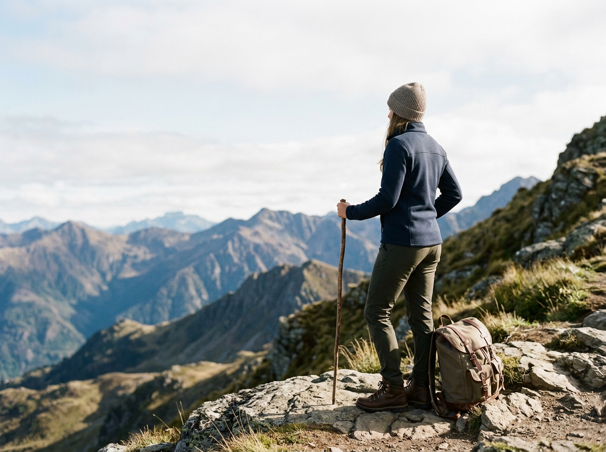 A woman standing on rocky mountain terrain, holding a walking stick, wearing a beanie, navy jacket, and pants, with a backpack on the ground next to her, looking at distant mountain range during daytime.