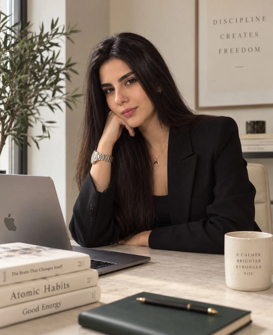 A woman with long dark hair, wearing a black blazer, sitting at a desk with her chin resting on her hand. On the desk are a silver laptop, a stack of three books, a closed black notebook, and a white mug with motivational words. In the background, there is a quote on the wall that reads, 'Discipline creates freedom,' and some shelves with books and decor.