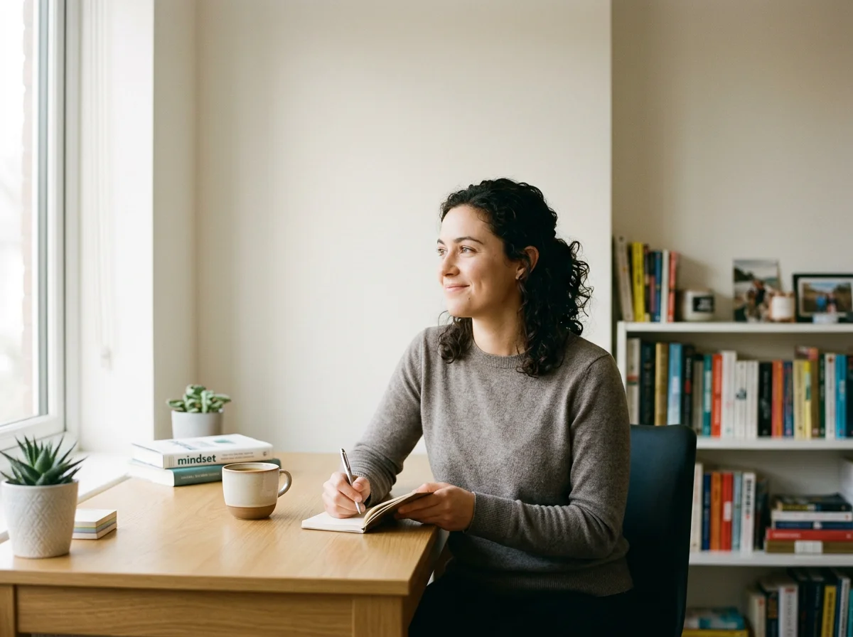 A woman sitting at a wooden desk by a window, holding a pen and a notebook, with books and potted plants on the desk and a bookshelf in the background.