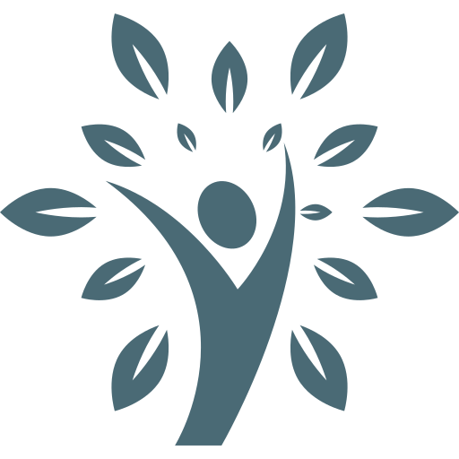 Silhouette of a person with arms raised, surrounded by leaves, symbolizing growth or nature.