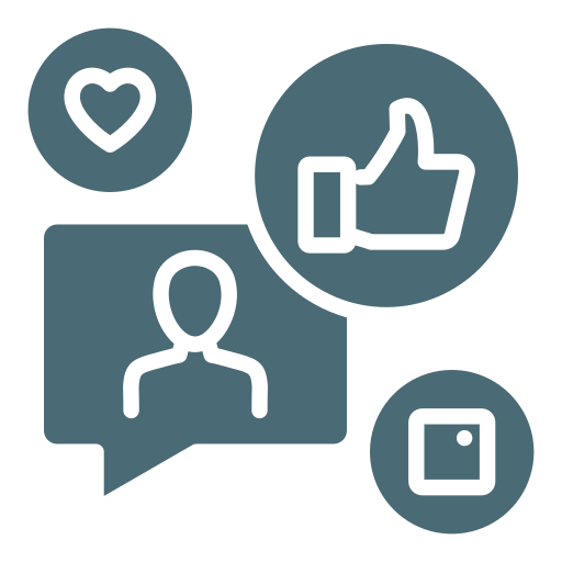 Icons representing social media interactions, including a heart, a thumbs-up, a person in a conversation bubble, and a square button.