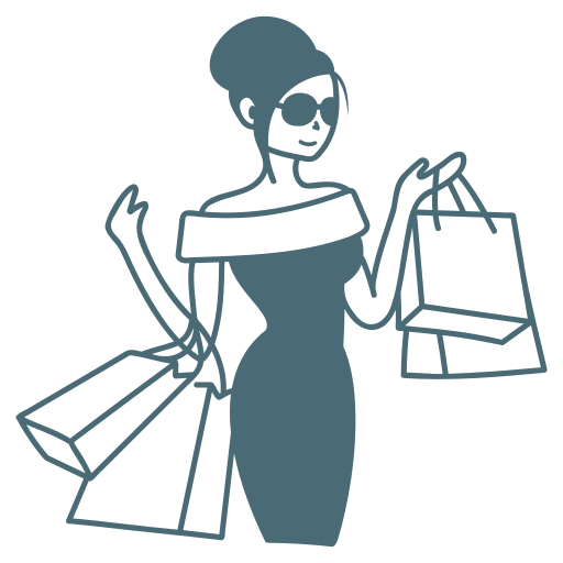 A woman with sunglasses, wearing an off-shoulder dress, holding shopping bags in both hands.