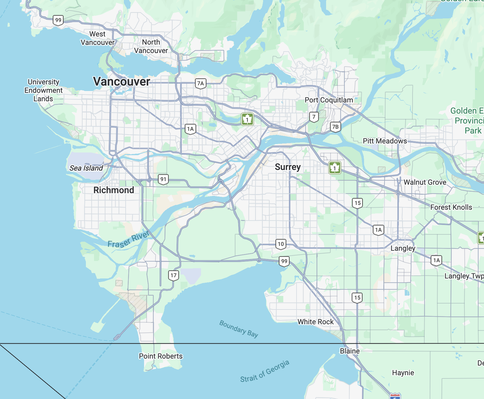 Map showing Vancouver, Surrey, Richmond, White Rock, and surrounding areas in British Columbia, Canada, with roads, water bodies, and parks labeled.