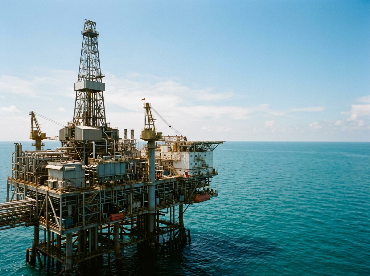 Offshore oil rig in the ocean under a clear blue sky.