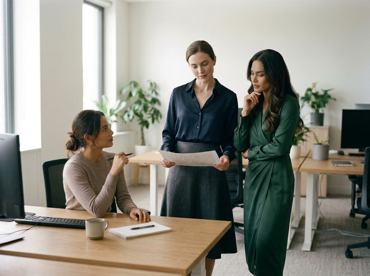 Three women in a modern office engaged in a discussion, with one seated at a desk and holding a pen, while the other two stand and look at a document.