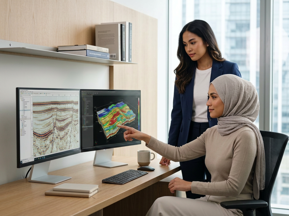 Two women analyzing geological data on dual computer monitors in an office, one pointing at a colorful 3D geological model, and the other observing. There are books and a mug on the desk.