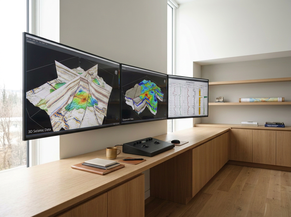 Three monitors display 3D seismic data and geological charts on a wooden desk in a modern office with large windows and minimal decor.