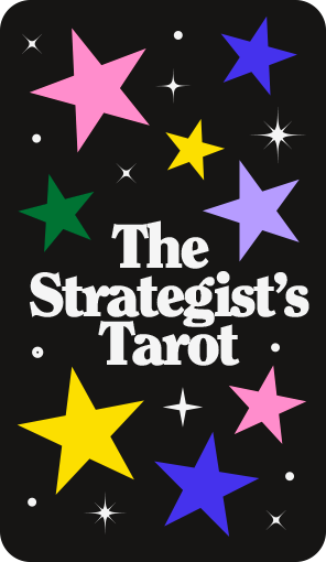 Colorful stars and sparkles surround the text 'The Strategist's Tarot' on a black background.