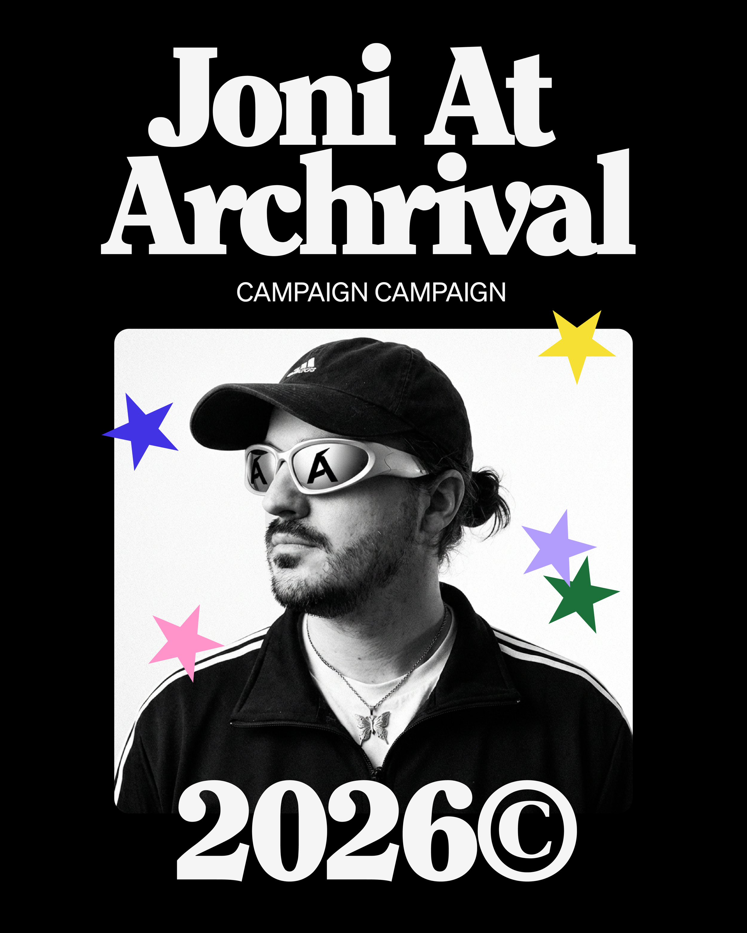 A person wearing sunglasses, a black baseball cap, a black jacket, and a butterfly necklace, with colorful star decorations around them, and text indicating a campaign for the 2020 election with a copyright symbol.