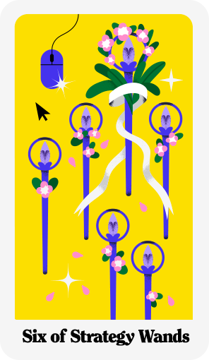 Illustration of six purple tarot wands with floral decorations, arranged vertically on a yellow background, labeled 'Six of Strategy Wands' at the bottom.