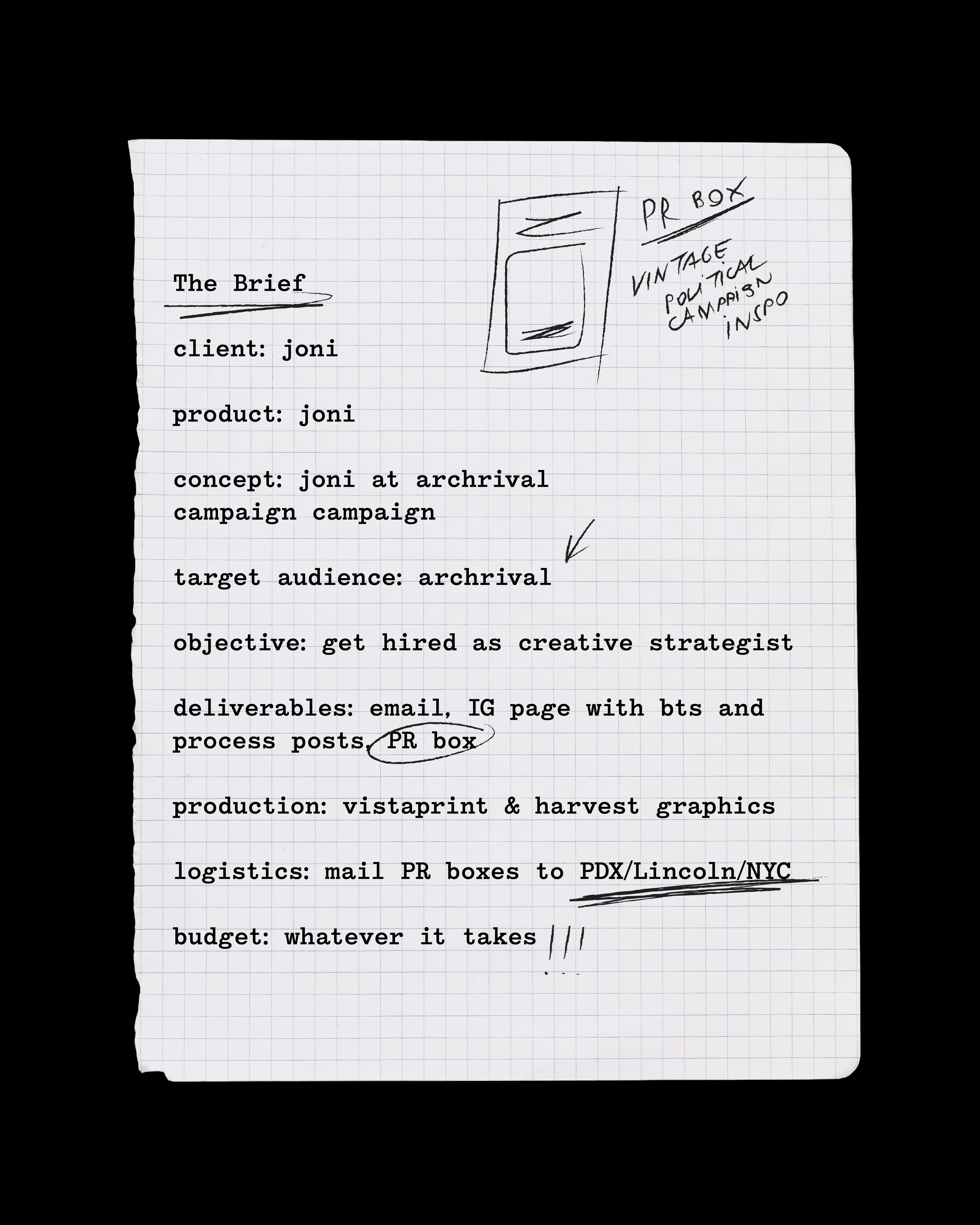 Handwritten notes on a grid paper with the heading "The Brief" and details such as client: joni, product: joni, and campaign notes. There is a rough sketch of a phone and handwritten notes about a PR box, vintage political campaign, and other delivery and logistics information.