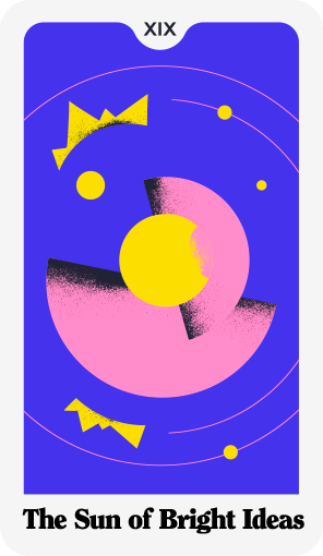 Tarot card titled 'The Sun of Bright Ideas' with bright yellow, pink, and black abstract geometric designs against a blue background.