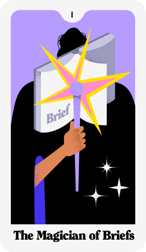 A person holding a clock with yellow lightning bolt hands in front of a large briefcase labeled 'Brief.' The person is dressed in black with a black hat, and there are star-like sparkles around them. The caption reads 'The Magician of Briefs.'