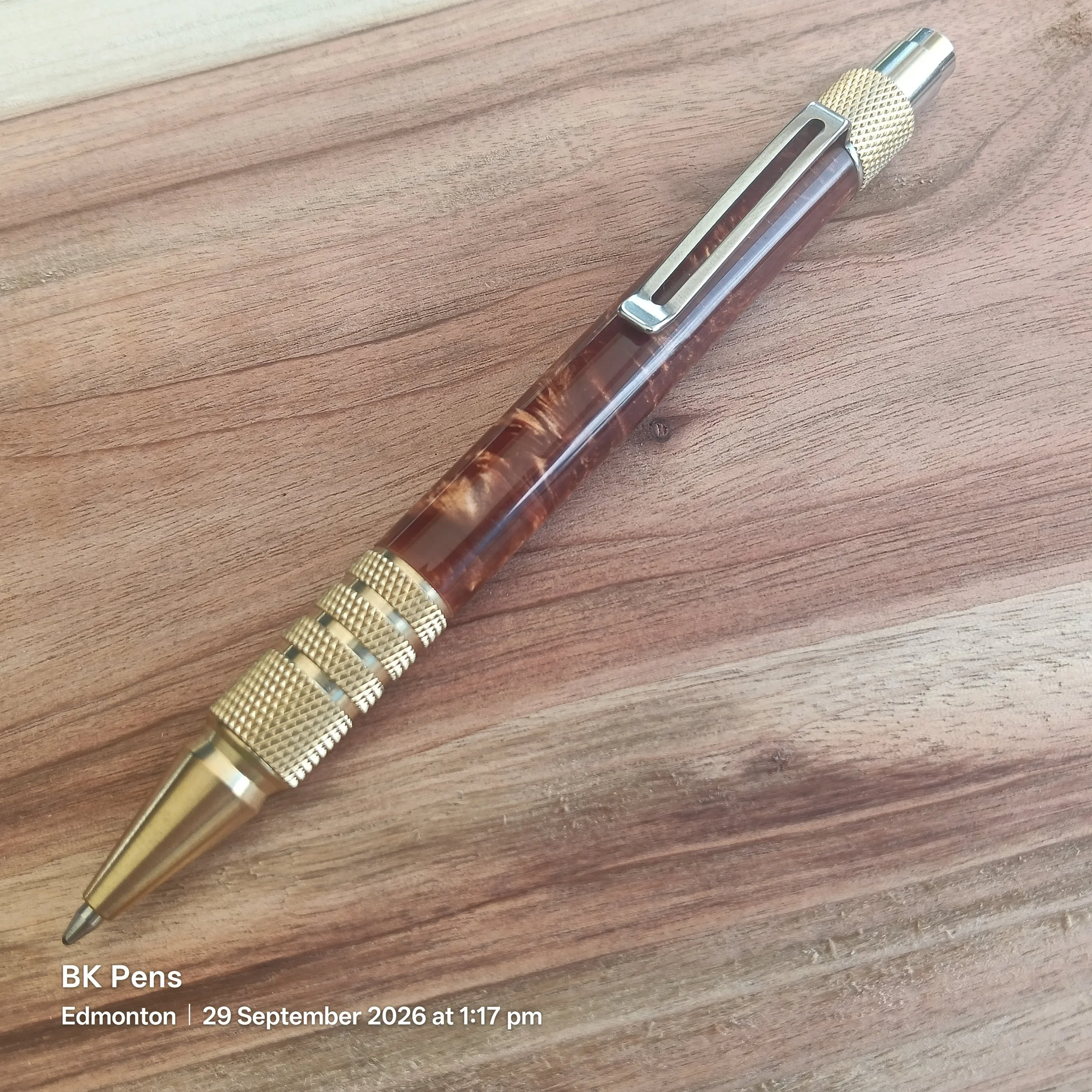 bk pens handmade edc click pen amber acrylic and brass