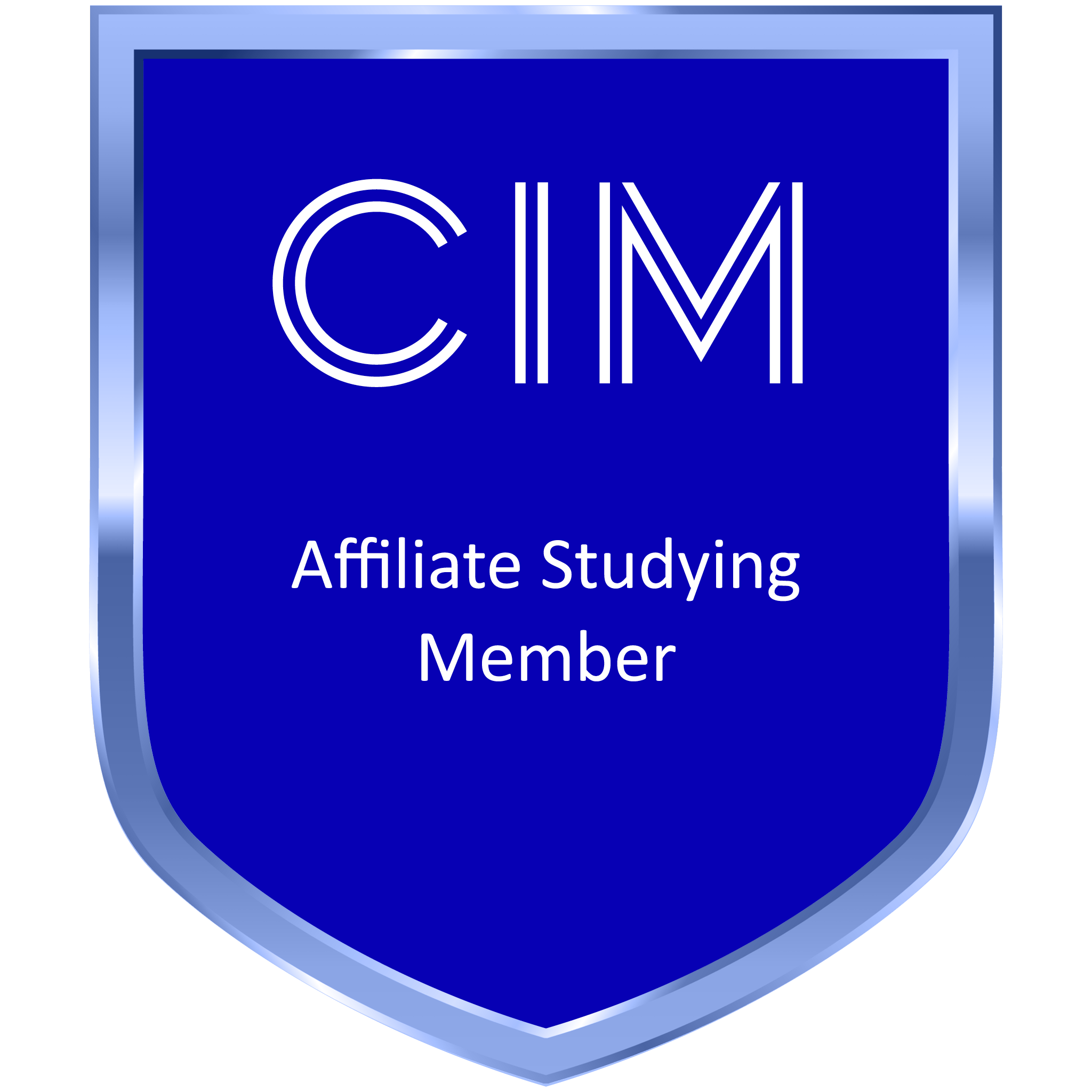 Blue shield-shaped badge with silver border, containing white text that reads "CIM" and "Affiliate Studying Member".