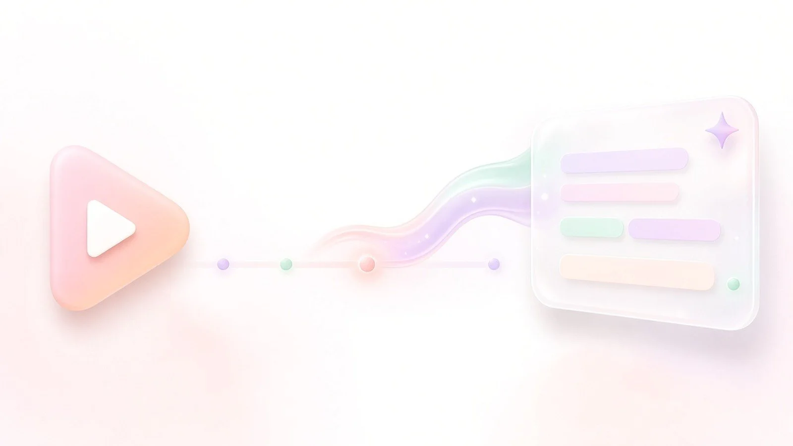 Pastel illustration of a video timeline with chapter markers flowing into an AI search answer card.