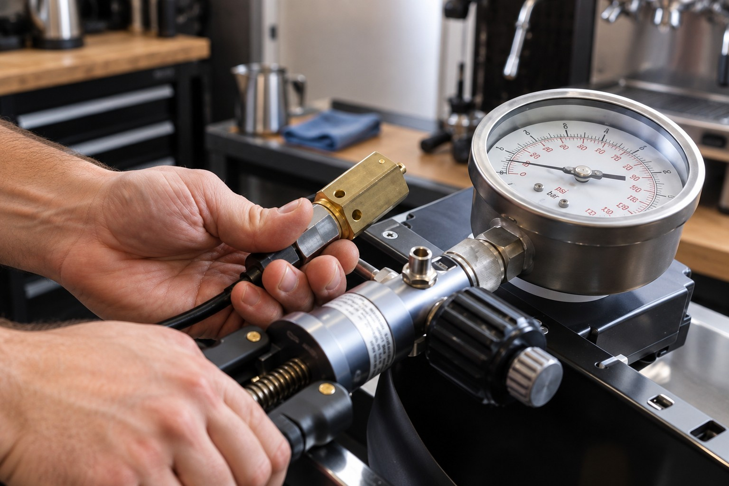 A person holding a cylindrical sensor or detector connected to a machine with a pressure gauge, in a workshop or laboratory setting.
