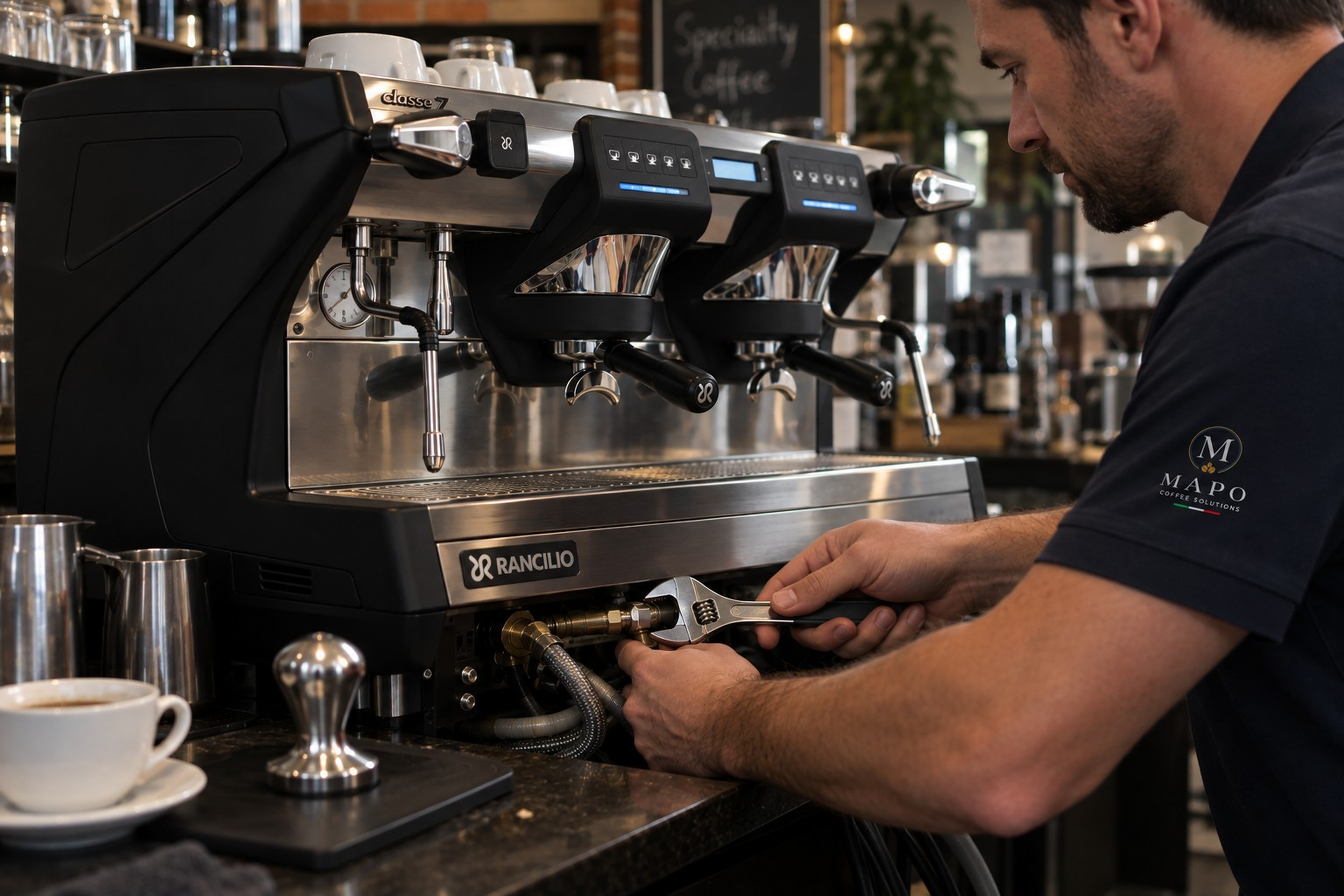 Barista adjusting a commercial espresso machine at a coffee shop counter with cups, glasses, and a coffee cup in the foreground.