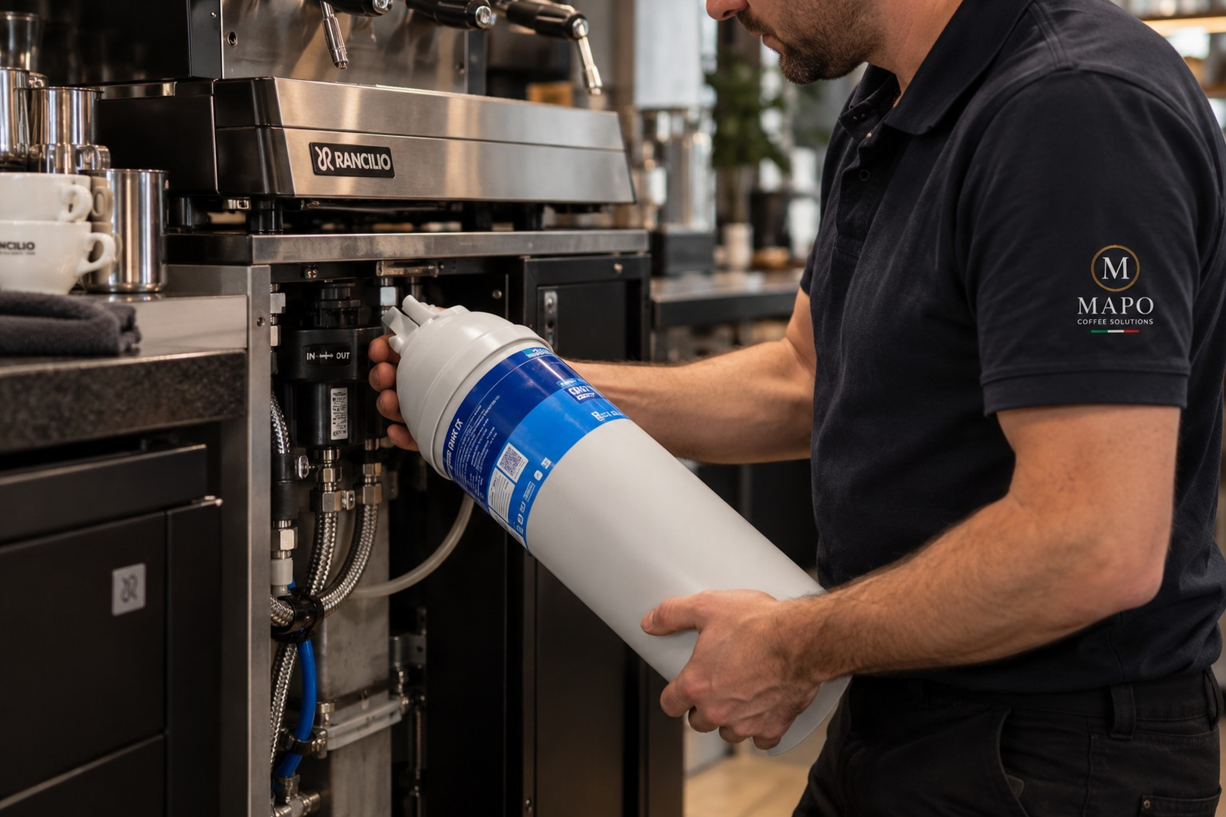 A man in a black shirt is inserting or removing a large water filter from a coffee machine labeled 'Rancilio' in a coffee shop.