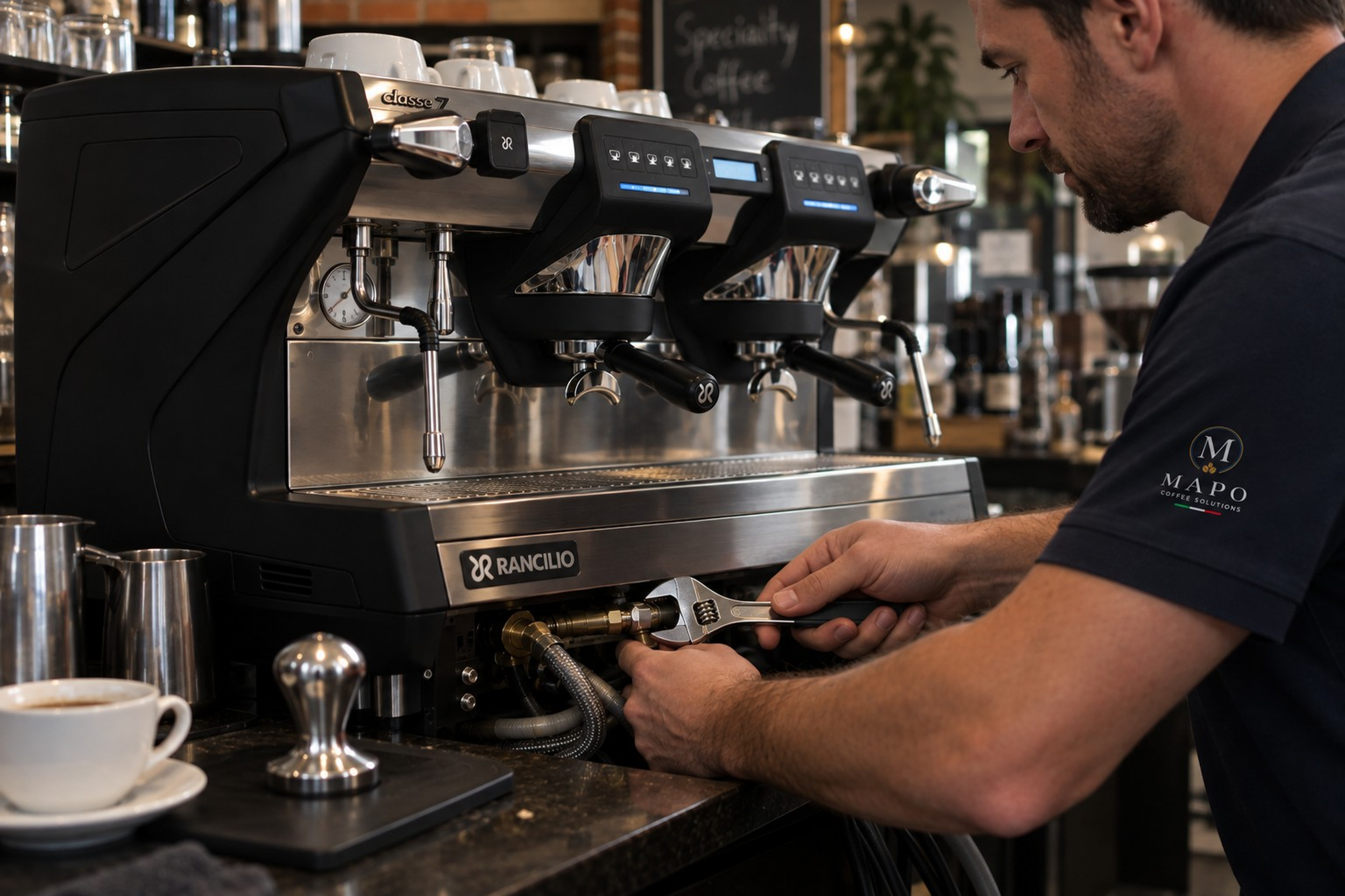 A barista is adjusting a professional espresso machine in a coffee shop. The machine is silver with black parts, and the barista appears focused on the settings. There are cups, glasses, and coffee-making tools on the counter, with a blackboard in the background.