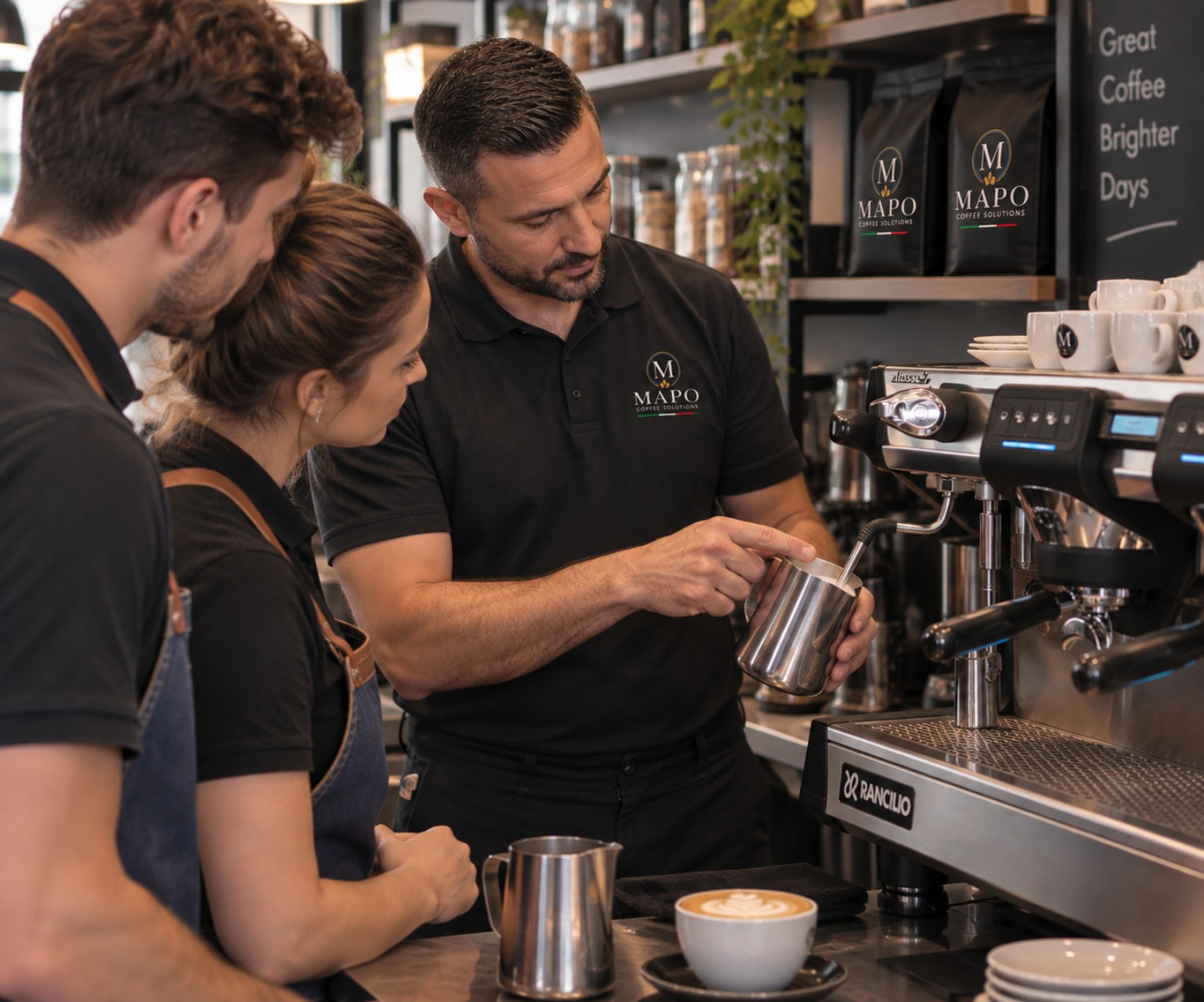 Three baristas behind the counter preparing coffee in a coffee shop. One person is steaming milk, while others look on. There are coffee beans and cups on the shelves and counter.