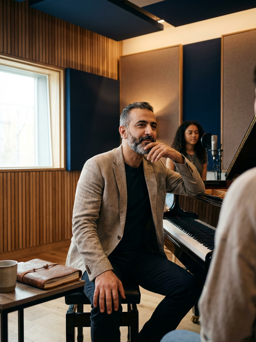 A man with gray hair and beard in a beige blazer sitting at a grand piano in a music studio, with a woman singing into a microphone in the background.