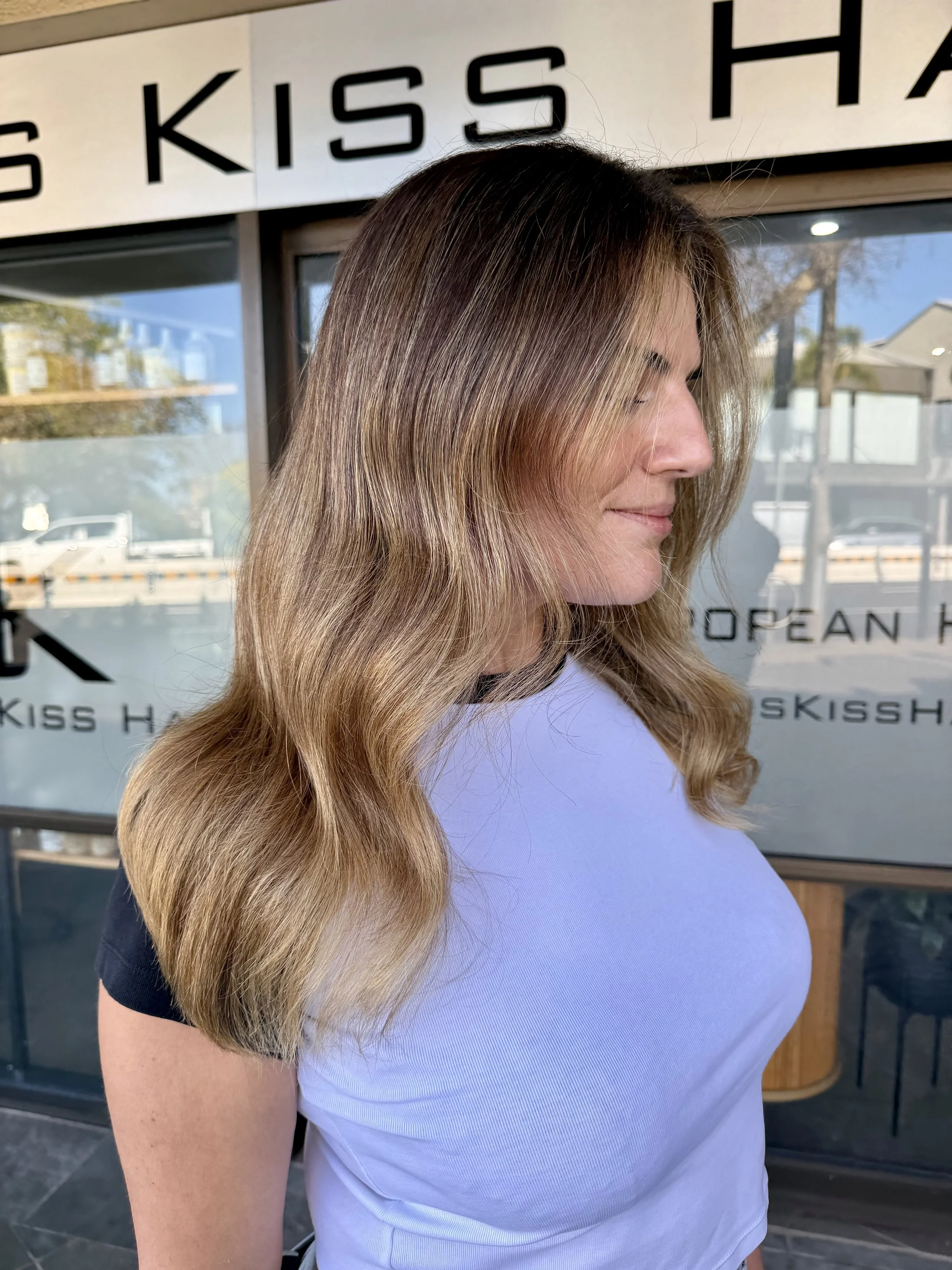 Brunette to honey-blonde balayage and Foilayage on long wavy hair, Janos Kiss Hair, Cremorne