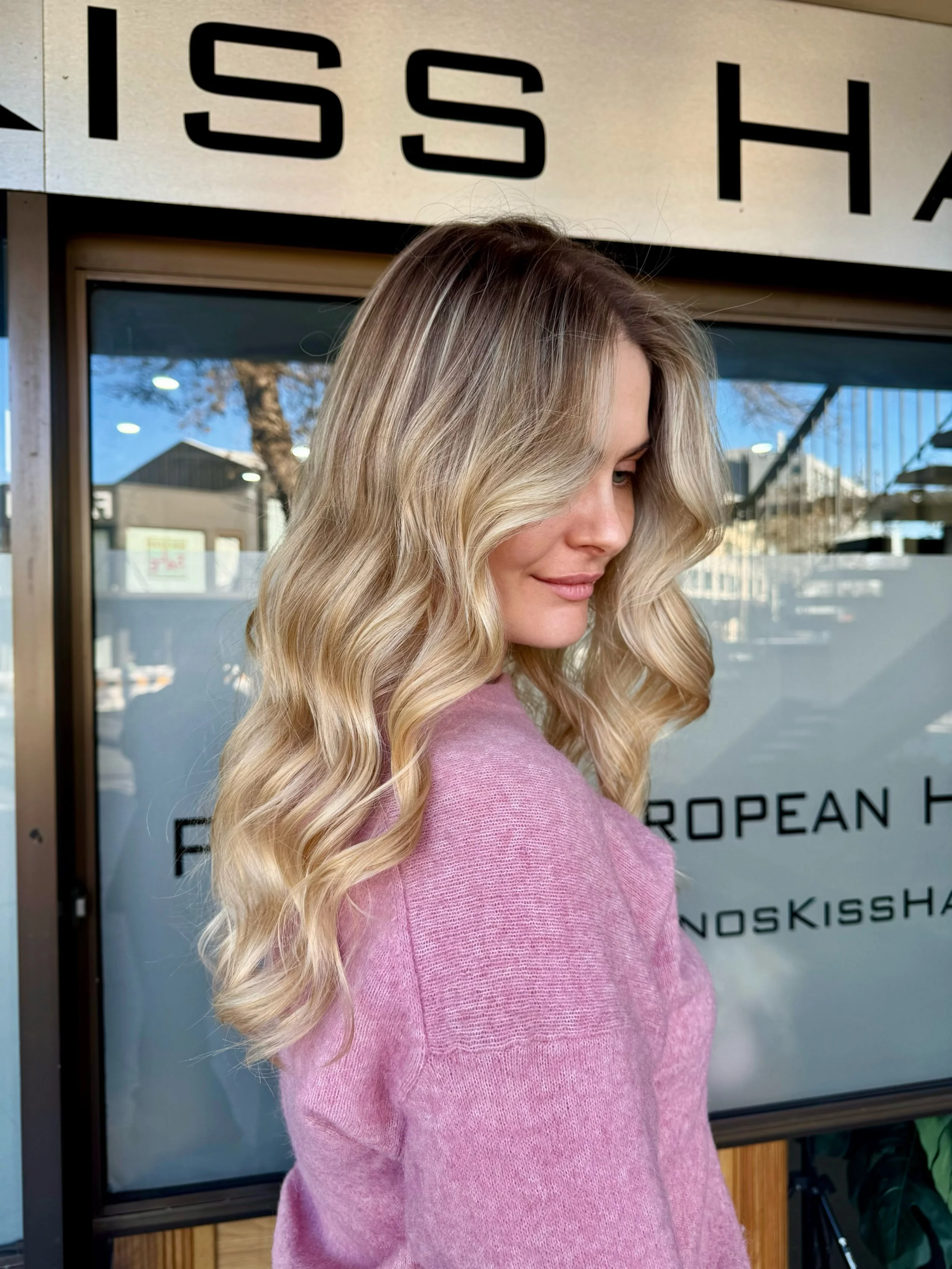 Soft blonde Foilayage waves on long hair, colour by Janos Kiss Hair, Cremorne