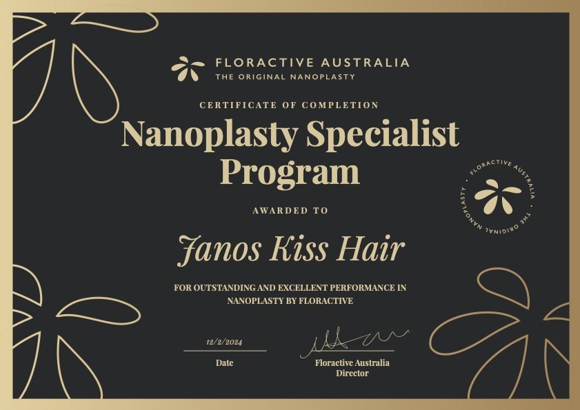 Floractive Australia Nanoplasty Specialist Program certificate awarded to Janos Kiss Hair, Cremorne, for excellence in nanoplasty