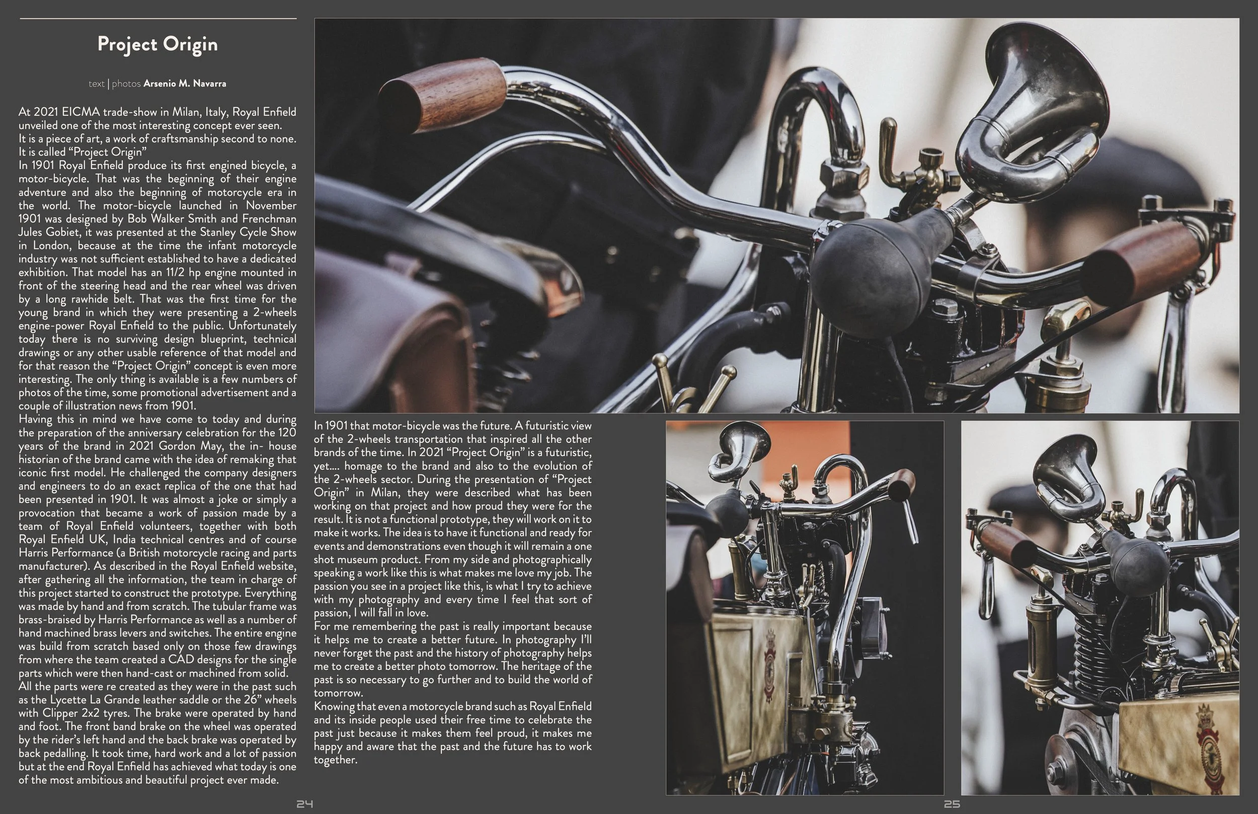 Close-up of a vintage motorcycle with shiny black and chrome parts, wooden handlebar grips, and intricate mechanical details.