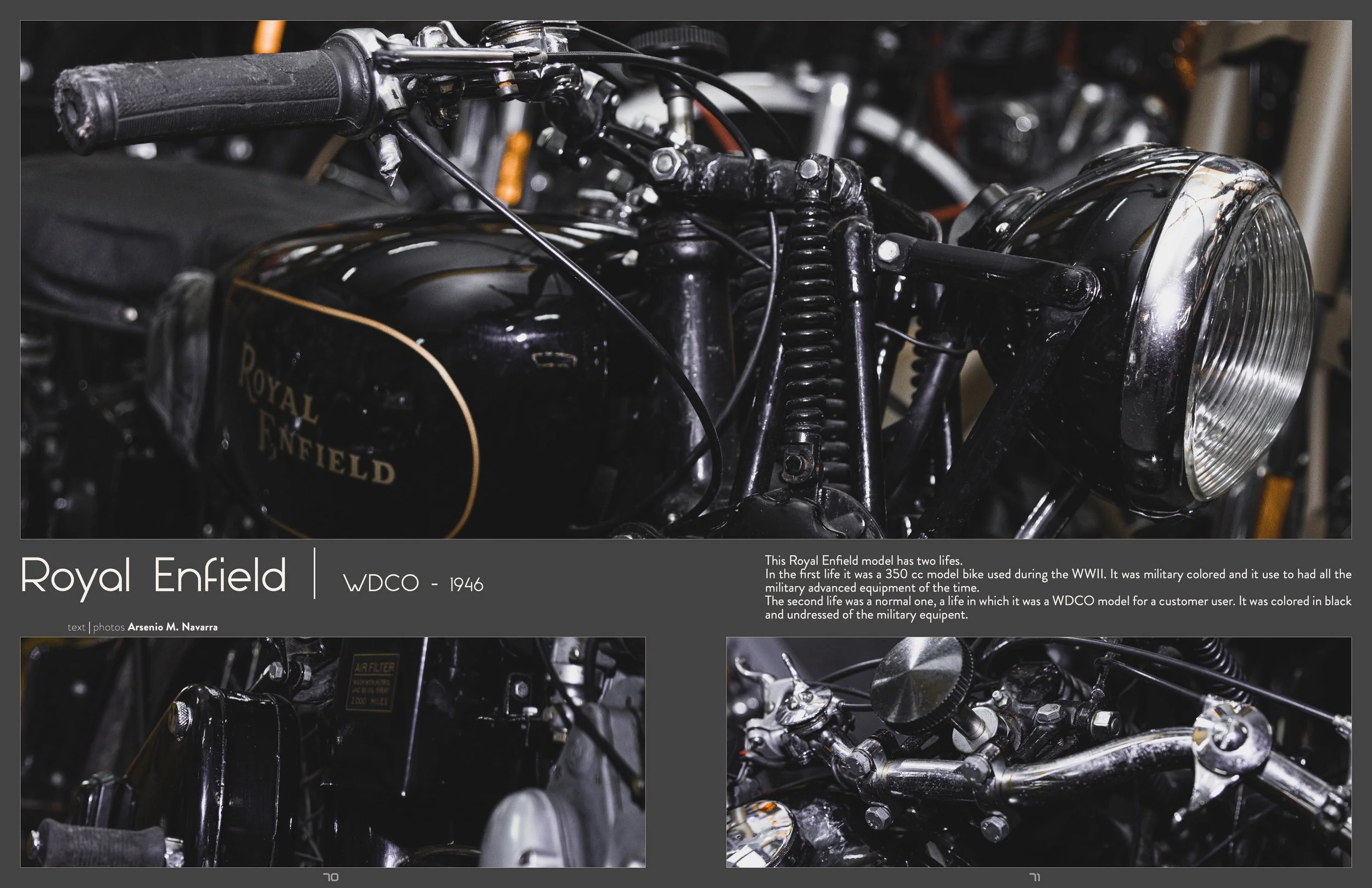 Close-up of a vintage black Royal Enfield motorcycle, showing the handlebars, headlight, and part of the engine, with some visible wires and mechanical components.