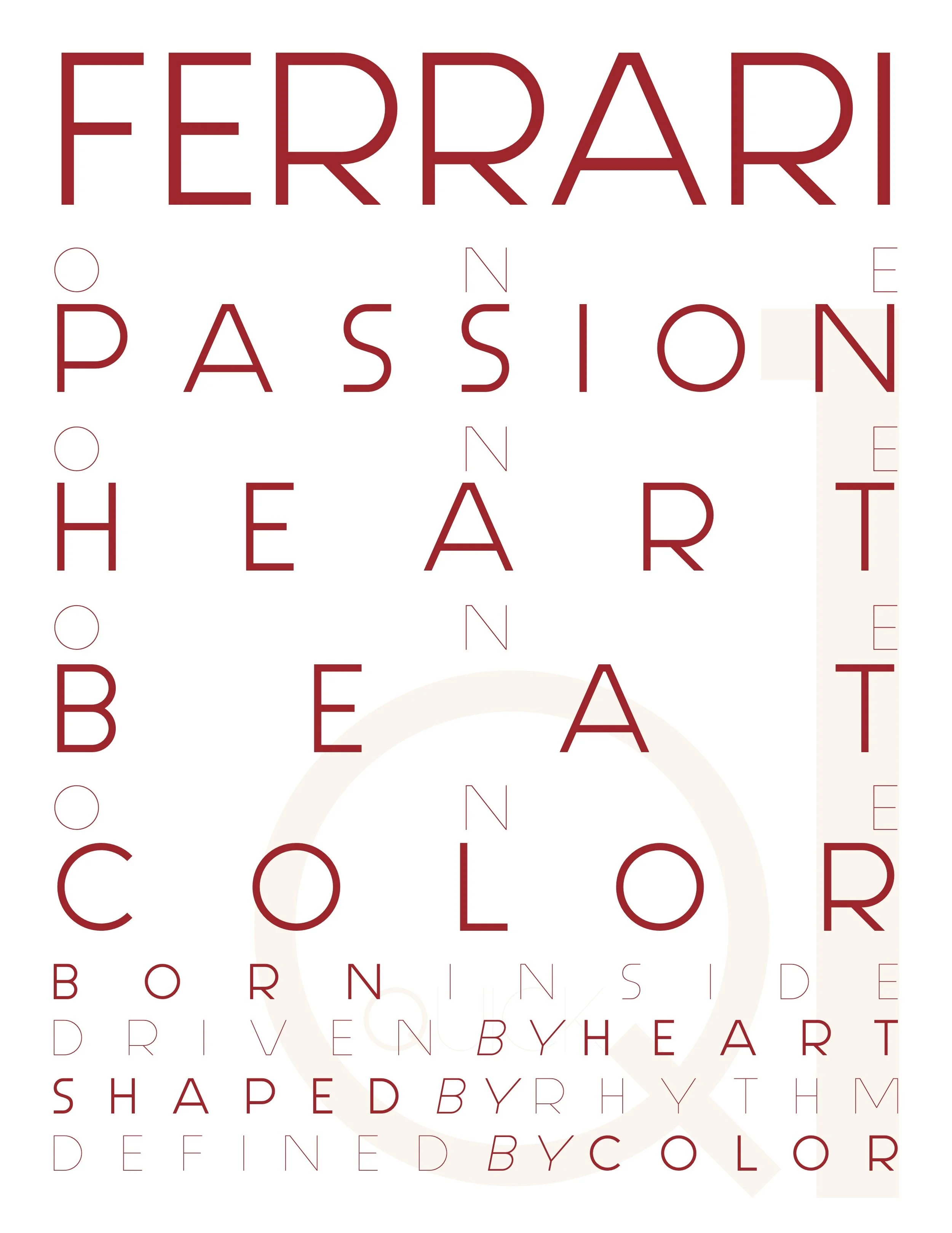 An eye chart with the words 'Ferrari Passion' in large red letters, and other words and letters in smaller red and faint red text, including 'Shape by Heart' and 'Color' arranged in a stylized pattern.