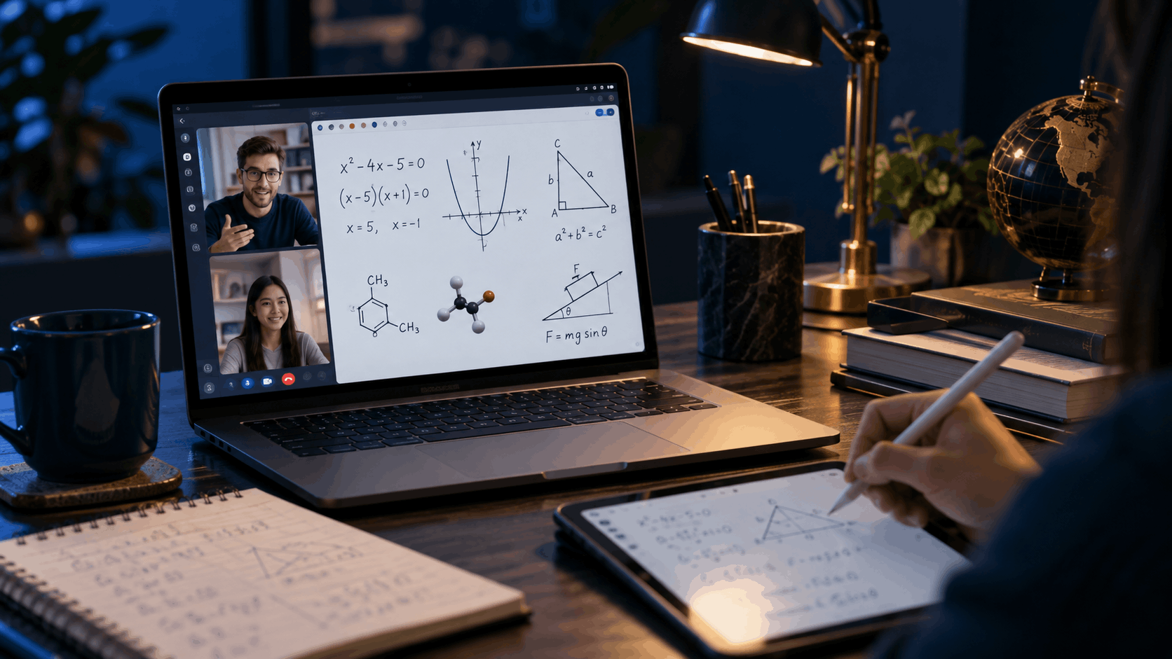 Online math and science tutoring session showing a student working on a tablet while meeting live with an instructor on a laptop, with interactive whiteboard examples including algebra, geometry, chemistry, and physics.