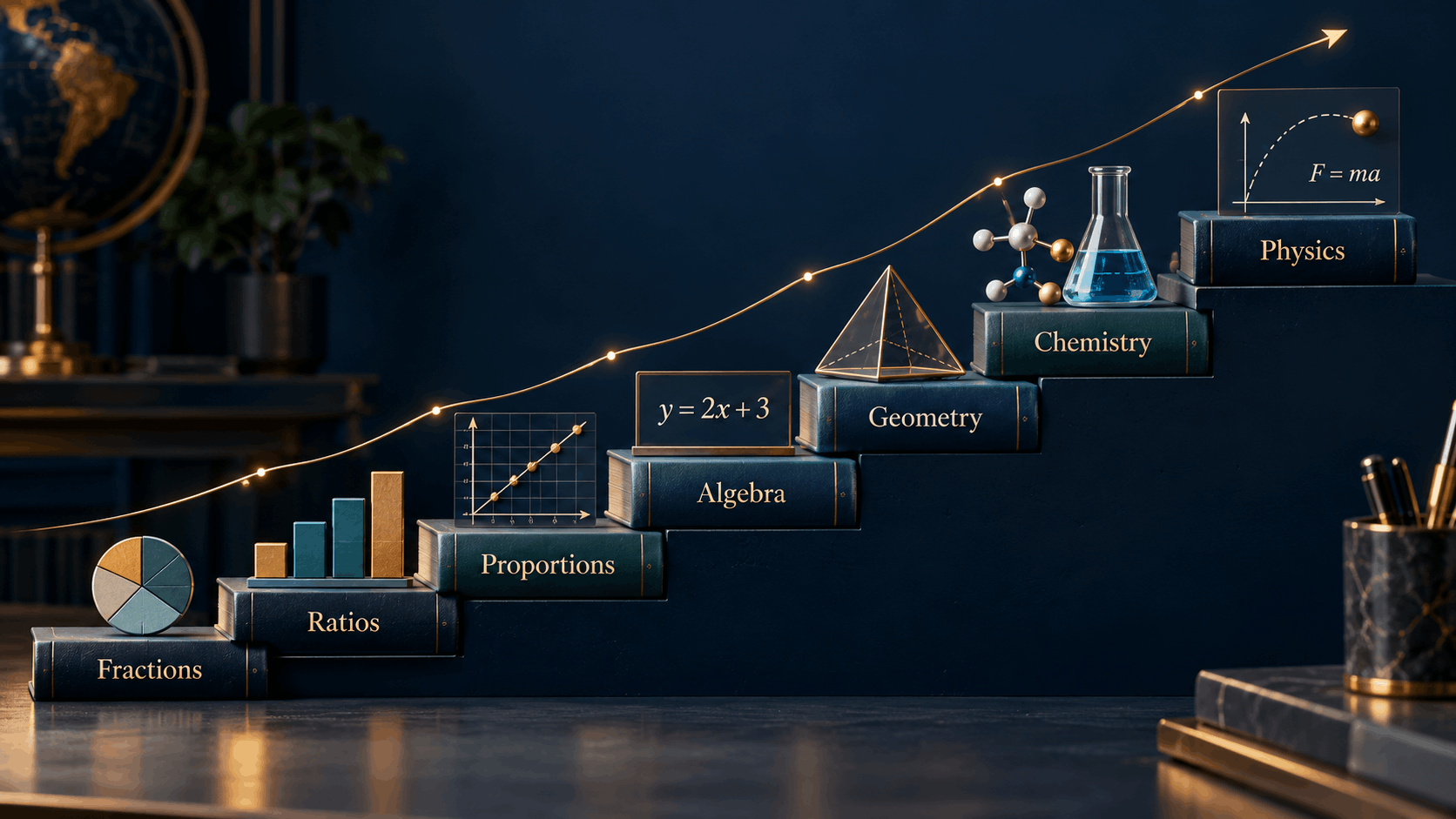 Visual staircase showing how math and science skills build on one another, progressing from Fractions and Ratios to Proportions, Algebra, Geometry, Chemistry, and Physics.