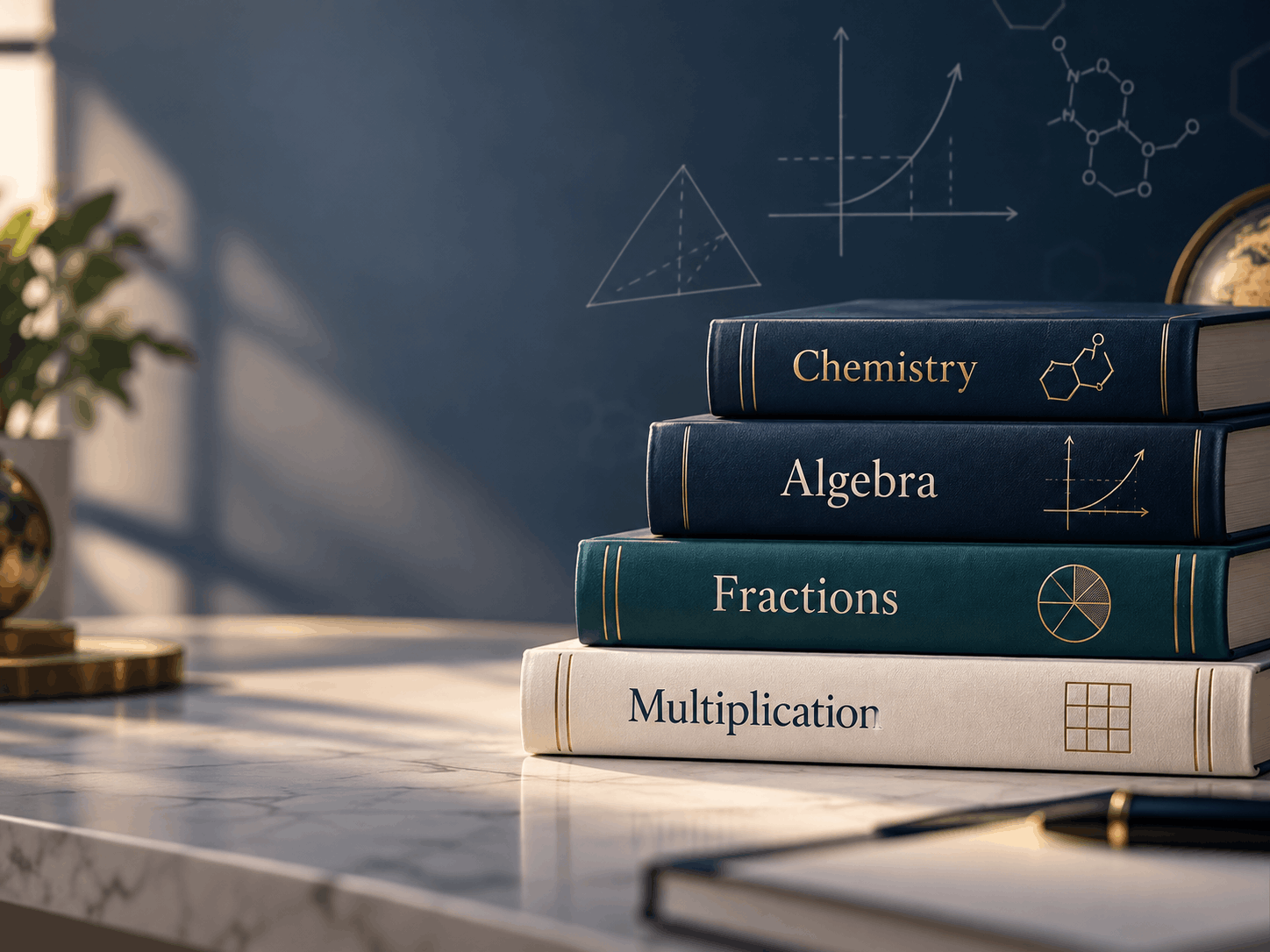 Stacked books labeled “Multiplication,” “Fractions,” “Algebra,” and “Chemistry” arranged like steps, showing how advanced math and science build on foundational skills.