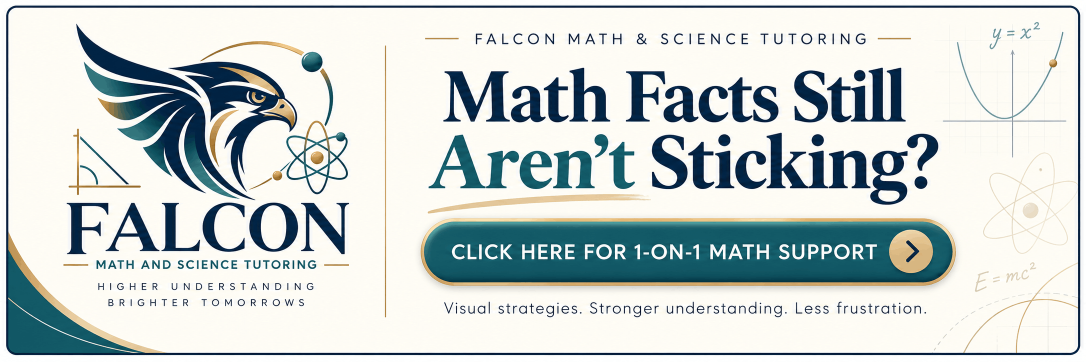 Use:  **Falcon Math & Science Tutoring banner promoting 1-on-1 math support with visual strategies, stronger understanding, and less frustration.