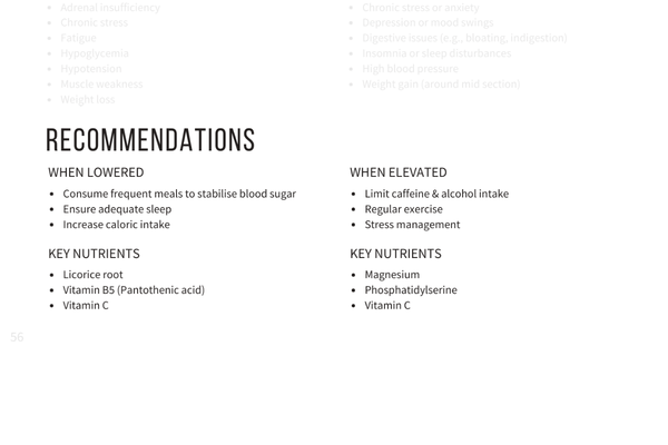 Page 56 from a health or medical guide with recommendations for managing health, listing tips for when blood sugar levels are lowered or elevated, including lifestyle changes and key nutrients.